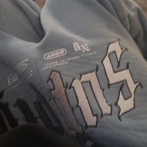 Blå hoodie med tryck - Säljer en blå hoodie med stort tryck på framsidan. Perfekt för en avslappnad stil. Den har en klassisk passform och är tillverkad i ett mjukt material för extra komfort.