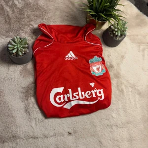 Röd Liverpool fotbollströja från Adidas - Säljer en klassisk röd Liverpool fotbollströja från Adidas med vit logga och detaljer. Tröjan har korta ärmar och klubbens emblem på bröstet. Perfekt för fans som vill visa sitt stöd.