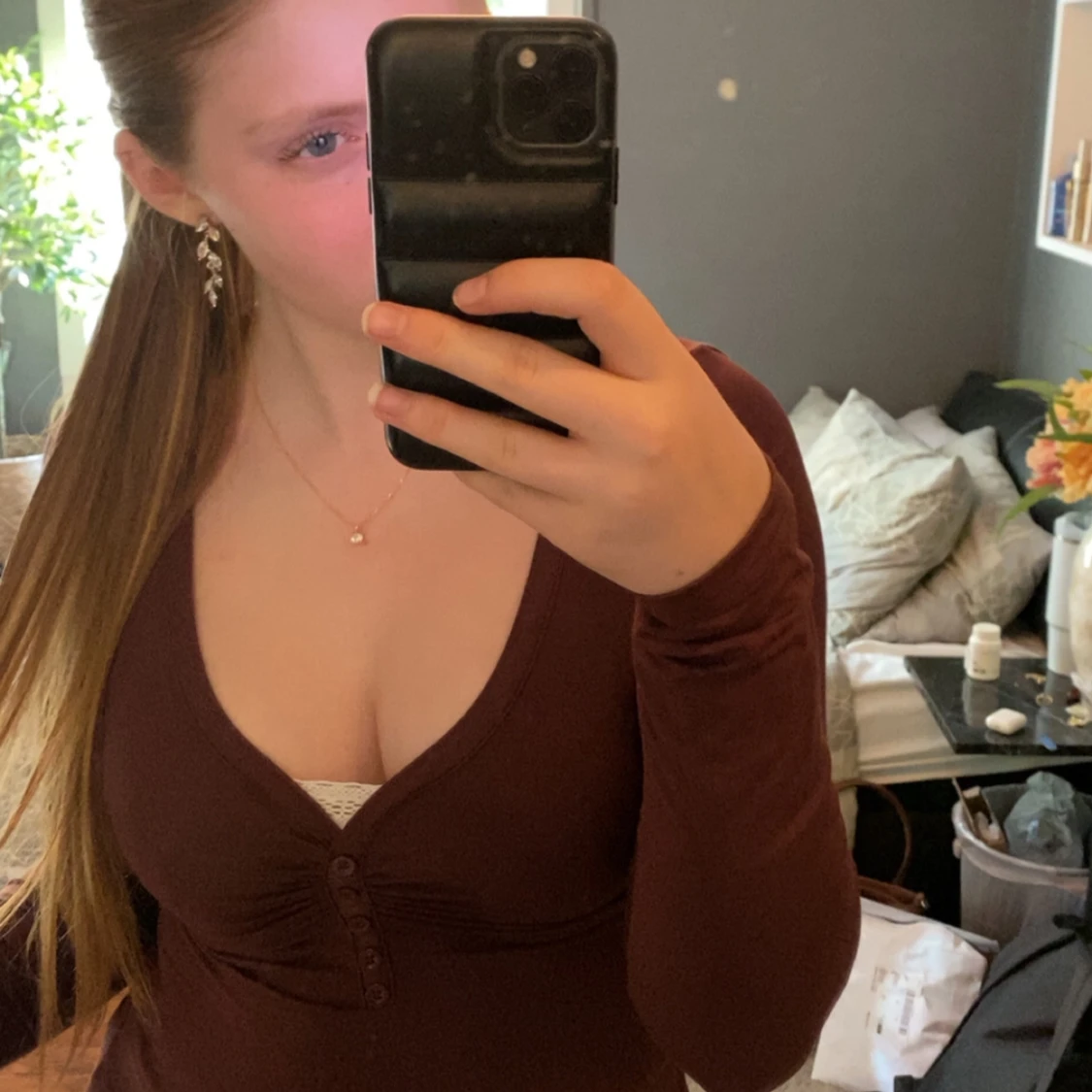 Brun långärmad v-ringad topp - 1