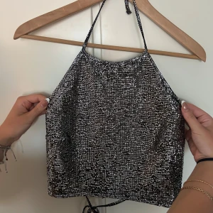 Glittrig silvertopp med knytband - Säljer en glittrig silvertopp med tunna axelband och knyt i ryggen. Toppen har en croppad modell och är perfekt för att sticka ut på festen. Materialet är syntet och toppen har en snygg halterneck-skärning.