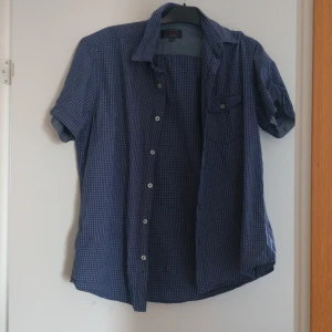 Blårutig kortärmad skjorta - Snygg blårutig skjorta från Skill i storlek L. Skjortan har korta ärmar, klassisk krage och knäppning framtill. Tillverkad i mjukt och bekvämt bomullstyg. Använd en del men väldigt fint skick.