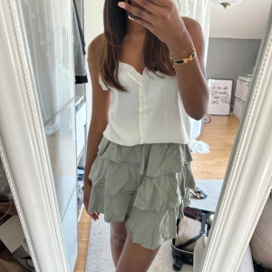 Grå volangkjol från ASOS Design - Supersöt grå kortkjol från ASOS Design med flera lager volanger. Kjolen har elastisk midja materialet känns lätt och passar perfekt till varma dagar. Använde fåtal gånger!