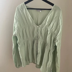 Ljusgrön tröja med knäppning framtill - En jättefin oanvänd ljusgrön tröja. Den har långa armar och knappar framtill, knapparna går att öppna om man vill. Väldigt stretchig material 