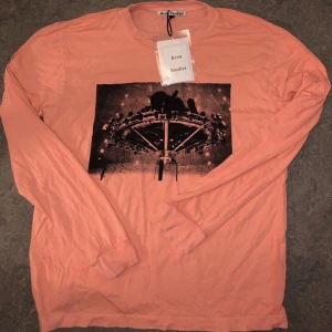 Acne Studios långärmad Fest Stockholm 15.11.2019 tröja rosa  - Limited edition långärmad tröja från Acne Studios i ljusrosa bomull. Framsidan har ett stort svart tryck av ett nöjesfältsmotiv och baksidan har fet text med 'Acne Studios Fest. Stockholm 15.11.2019'. Perfekt statement piece för dig som gillar unika plagg.                                📏 Ungefärliga mått (i cm): 	•	Bröstvidd (armhåla till armhåla): ~57 cm 	•	Längd (från axel till fåll): ~70 cm 	•	Ärmlängd (från krage): ~76 cm 	•	Axelbredd: Raglanskärning