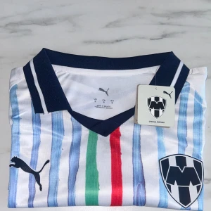 Randig Monterrey fotbollströja Puma - Snygg Monterrey fotbollströja från Puma med korta ärmar. Tröjan är vit med blå, gröna och röda ränder framtill, samt marinblå detaljer på kragen. Monterrey-logga och Puma-logga på bröstet. Tillverkad i lätt och ventilerande material.