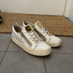Guiseppe Zanotti Skor str 43 - Säljer ett par vita sneakers från Giuseppe Zanotti med guldfärgade detaljer och dragkedjor på sidorna. Skorna har snörning framtill, platt sula och rund tå. Perfekta för dig som gillar en lyxig och stilren look. Mindre slitage finns!