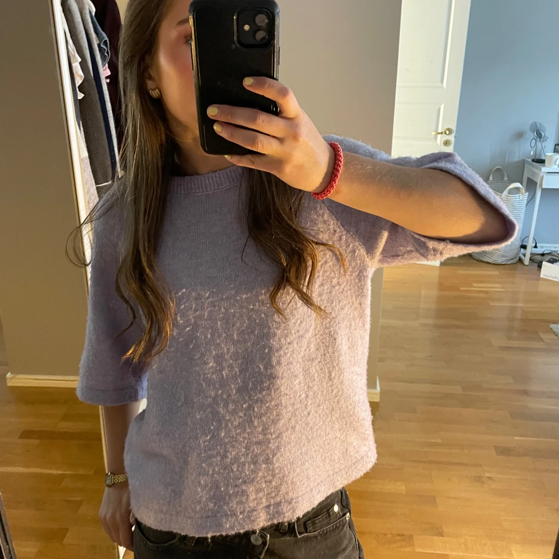 Ljuslila stickad tröja med trekvartsärm - 1