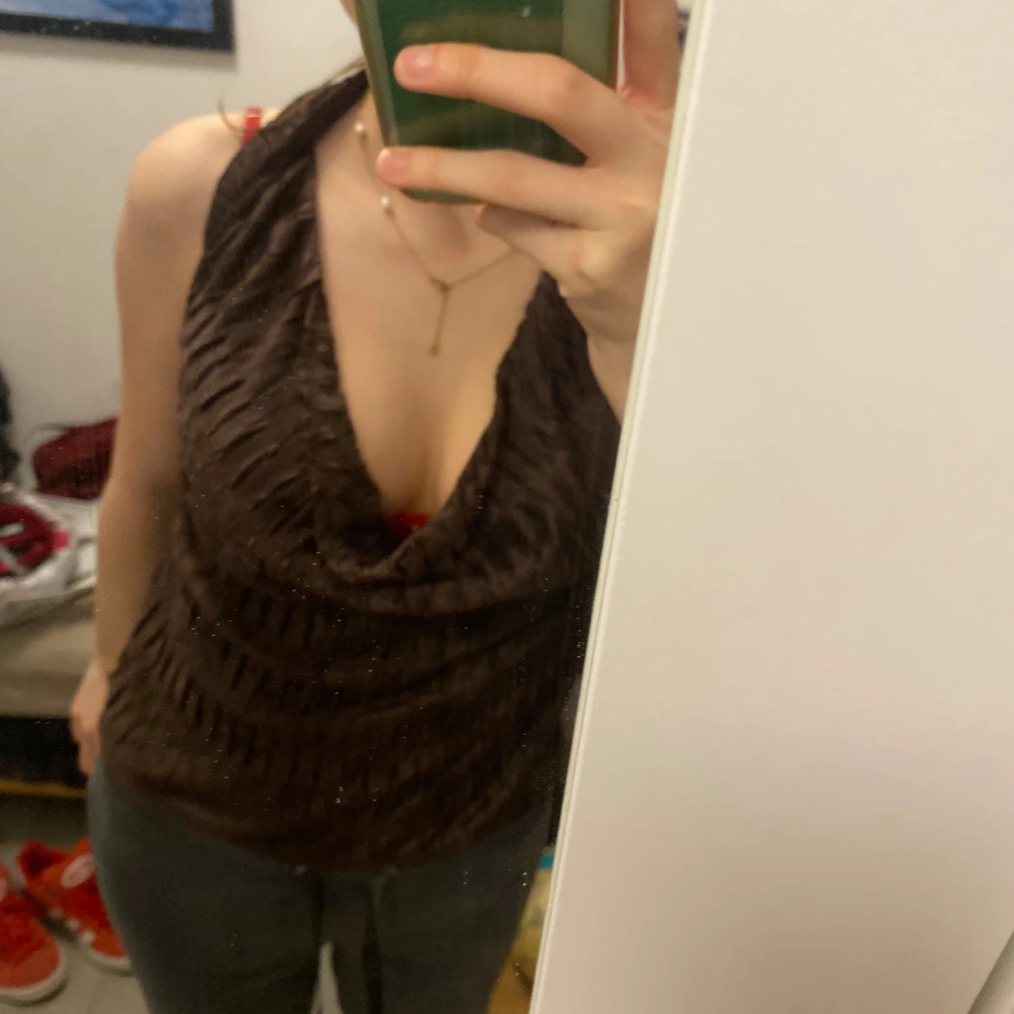 Brun halterneck topp med drapering - 2