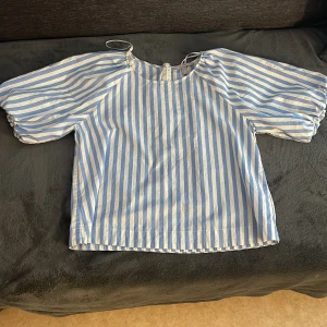 Blåvit randig blus från H&M - Säljer en blåvit randig blus från H&M med puffiga korta ärmar och dragkedja i ryggen. Blusen har en boxig passform och är tillverkad i bomull. Perfekt för en fräsch och somrig look!