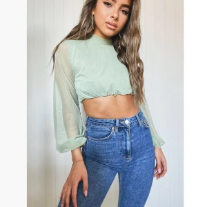 Mintgrön mesh croppad topp - Säljer en mintgrön croppad topp i mesh med långa transparenta ärmar och hög hals. Toppen har resår i midjan och knäppning med två knappar i nacken.