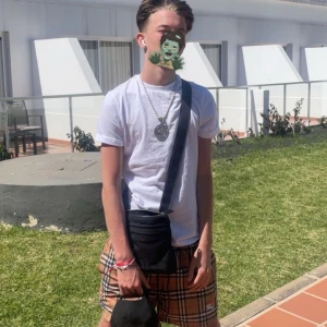 Rutiga Burberry shorts - Säljer ett par klassiska rutiga shorts från Burberry i beige, svart, rött och vitt. De har en avslappnad passform och elastisk midja. Perfekta för sommardagar och ger en clean streetstyle-vibe. Materialet är mjuk bomull som känns skönt mot huden.