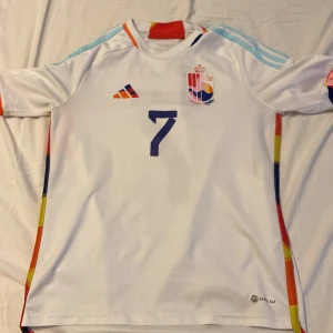 Vit belgien tröja med nmr 7 de bruyne på ryggen  - Säljer en vit belgien tröja Adidas med nummer 7 och de bruyne på baksidan. Tröjan har korta ärmar och färgglada detaljer längs sidorna. Perfekt för fotbollsfans!