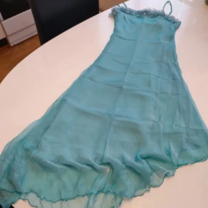 Turkos långklänning från Jeff Gallano - Elegant turkos långklänning från Jeff Gallano i SIDEN av högsta kvalitet med smala axelband och vacker spetsdetalj vid halsen. Klänningen har en flytande passform och är perfekt för speciella tillfällen. Tillverkad i ett lätt och luftigt material som ger en drömlik känsla. Midjemåttet är ca. 86 cm 