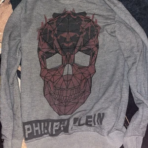 Grå tröja med dödskalle från Philipp Plein - Säljer en grå tröja från Philipp Plein med en stor geometrisk dödskalle i rött och svart på framsidan. Tröjan har långa ärmar och en avslappnad passform. Perfekt för en cool och edgy stil.