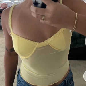 Gul sommartopp med meshdetaljer - Jättesöt gul topp i mesh med volangdetaljer vid bysten och på axlarna, från edikted i usa💕 Endast använd en gång av mig och sparsamt använd av förra ägaren, första två bilderna är lånade från förra ägaren. Perfekt för sommaren!! Hör av dig vid frågor eller prisförslag💕