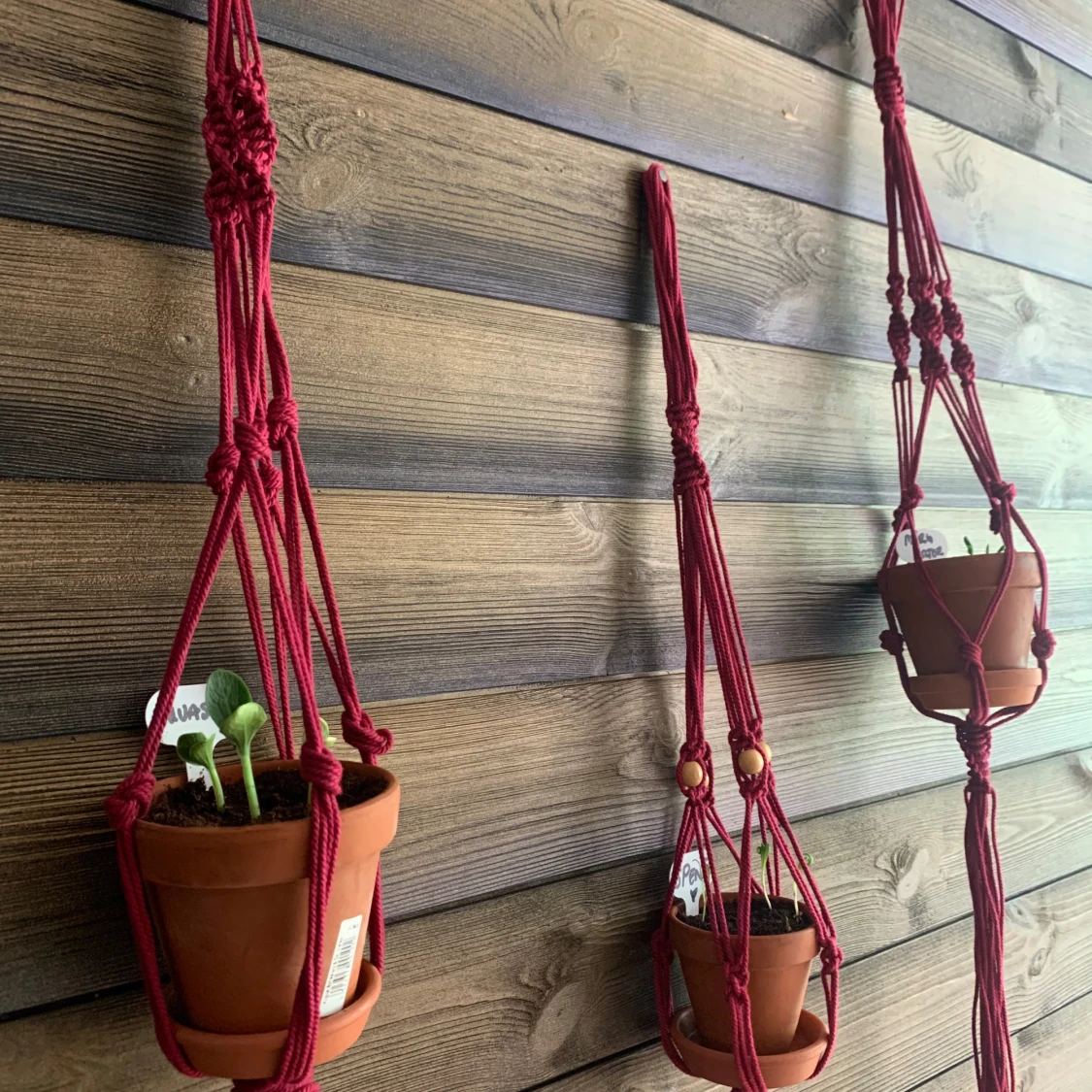 Röda makramé amplar/ växthängare tre stycken .  - 2