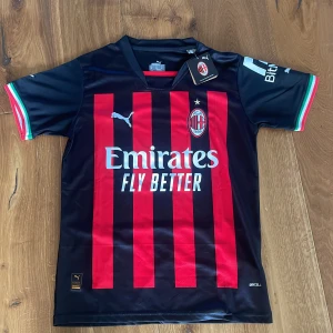 AC Milan matchtröja Puma M - AC Milan fotbollströja från Puma i storlek M. Klassisk design med svarta och röda vertikala ränder, klubbmärke och guldstjärna på bröstet. Kortärmad modell med italienska flaggans färger på ärmsluten. Tillverkad i lätt och ventilerande polyester.