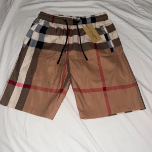 Burberry rutiga shorts med snörning - Snygga Burberry shorts med klassiskt rutig design i beige, brunt, svart, vitt och röda detaljer. De har elastisk midja med svart snörning och är tillverkade i ett lätt och bekvämt material. Perfekta för sommaren när du vill sticka ut med en lyxig vibe. Storleken är L men känns som M.