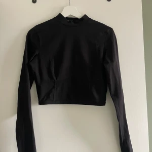 Svart croppad tröja från NA-KD - Säljer en stilren svart croppad tröja från NA-KD. Tröjan har långa ärmar och en hög halsringning, perfekt för en trendig look. Passar bra till både jeans och kjol. Perfekt för höst och vår! Mesh nertill på framsidan av tröjan. 