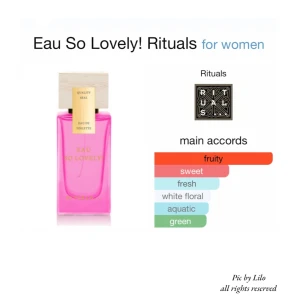 Ny! Eau So Lovely! Eau de Toilette från Rituals - Ny! Fräsch och fruktig Eau de Toilette från Rituals i en stilren rosa flaska med trälock. Doften kombinerar söta och friska noter med inslag av vita blommor och en grön, akvatisk känsla. Perfekt för den som älskar en lätt och uppfriskande doft. Slutsåld limited edition.