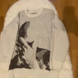 Vit stickad tröja med grafiskt mönster - Säljer en vit stickad tröja med ett stort grafiskt mönster i svart, grått och mörkbrunt på framsidan. Tröjan har rund halsringning och långa ärmar. Perfekt för dig som gillar unika plagg med cool design.