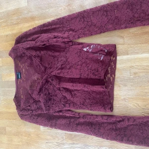 Vinröd spetstopp - Säljer en vinröd topp i spets med lång ärm. Tunn och genombruten spets ger en elegant look. Perfekt att styla över ett linne eller utan. Köparen står för frakt!