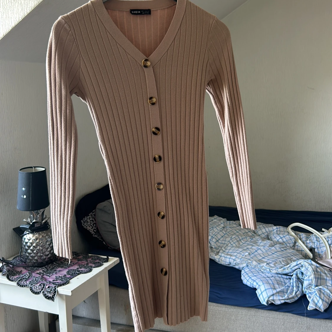 Beige ribbad långärmad klänning Shein