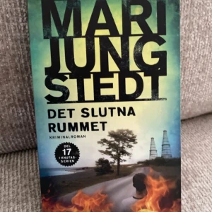 Det slutna rummet - Spännande kriminalroman av Mari Jungstedt, del 17 i Knutas-serien. Perfekt för dig som gillar mysterier och nervkittlande berättelser. Omslaget visar en dramatisk scen med eld och en ensam person, vilket lovar en intensiv läsupplevelse.