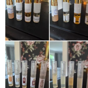 Parfymprover mixade dofter - Säljer ett set med 9 parfymprover i små sprayflaskor. Innehåller dofter som Shaghaf Vanilla Toffee, Bade'e Al Oud Honor & Glory, Ansaam Gold, Velvet Gold, Teriaq, Musc collection Tahara, Cake Temptation, Qimmah och Kiaana Angel. Flaskorna är genomskinliga med vita och guldiga detaljer. Perfekt för dig som vill testa olika orientaliska och gourmand-dofter. INNEHÅLL SE BILDER 