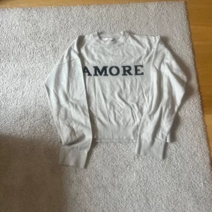 Ljusgrå tröja med AMORE från Gina Tricot - Ljusgrå långärmad tröja från Gina Tricot med svart texten 'AMORE' framtill. Klassisk rund halsringning och ribbade muddar. Perfekt för dig som gillar enkel men snygg stil.