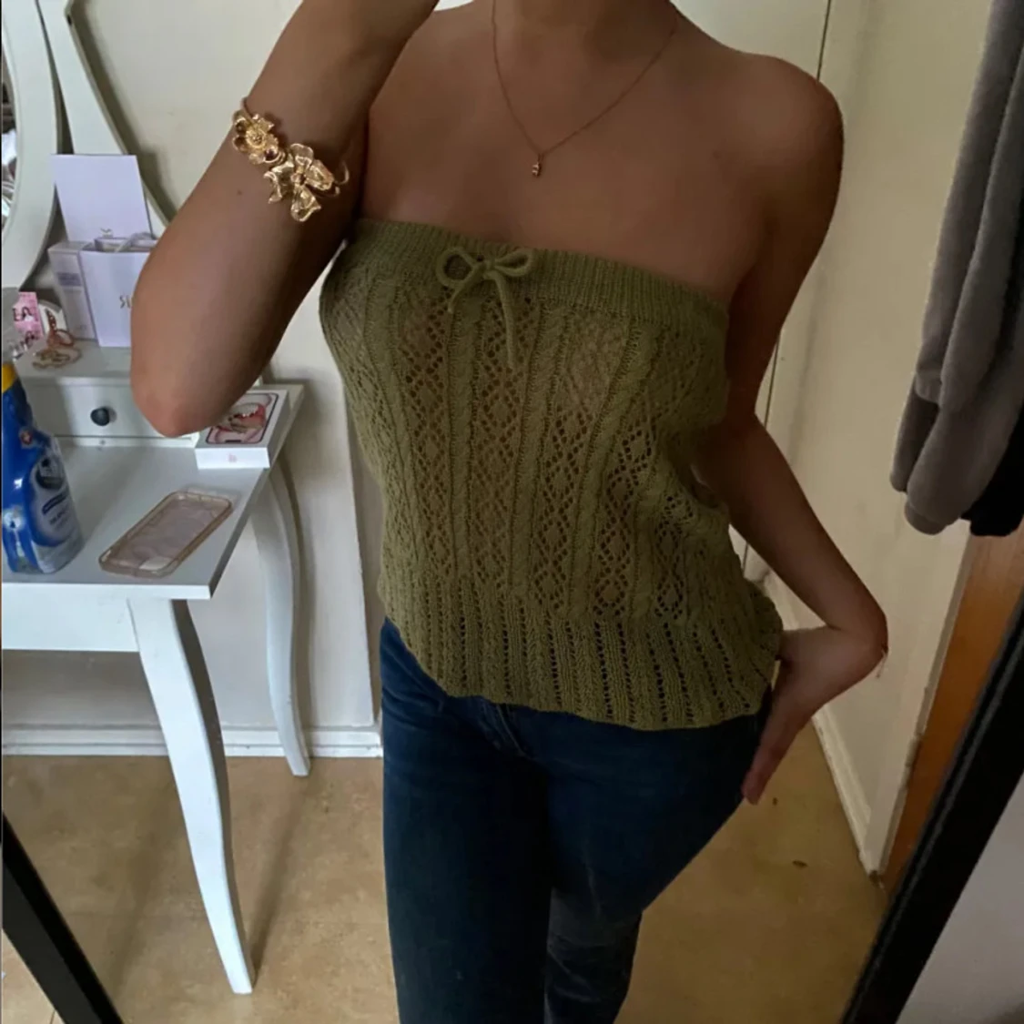 Olivgrön stickad bandeau tubtopp - 1