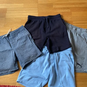 Mix av shorts i blått och grått - Fyra par shorts i olika blå och grå nyanser. Ett par är ljusblåa i mjukt material, ett par är mörkblåa med struktur och snörning, ett par är gråa från Puma med resårmidja och ett par är mellanmörkblåa med dragsko. Perfekta för sommaren och chill dagar. Säljer alla tsm men kan också skicka bild mer specifikt på någon om man vill. Skriv bara!