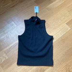 Svart ribbad polotopp från 157 - Svart ärmlös polotopp från 157 i storlek XS. Toppen är ribbad och har en hög krage som ger en clean och stilren look. Perfekt att styla med jeans eller kjol för en trendig vibe.