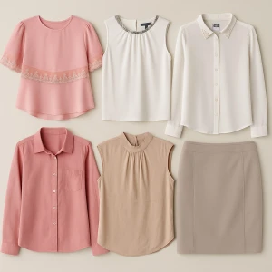 ✨ Feminint och stilrent klädpaket – 6 plagg i sobra toner ✨ - 👚 Innehåll: 	•	Rosa chiffongblus med spetsdetaljer – romantisk och smickrande 	•	Vit ärmlös topp med pärlbroderi vid halsringningen – elegant och lättburen 	•	Vero Moda-skjorta i vitt med pärldetaljer på kragen (M) – något använd men fortfarande fin 	•	Rosa skjorta – klassisk modell med fräsch färg 	•	Beige pennkjol från H&M (strl 38) – stilren och användbar till både jobb och fest 	•	Beige ärmlös topp från MNG – minimalistisk och chic