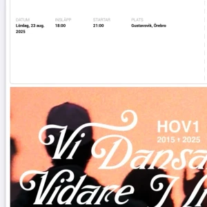 HOV1 biljett ÖREBRO - Säljer mina Hov1 biljetter till konsären i Örebro då jag inte kan åka dit. Har två stycken, så är ni intresserade hör av er. Priser kan diskuteras.