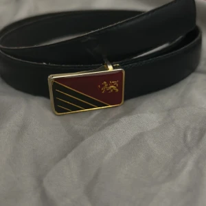 Svart bälte med gulddetaljer - Snyggt svart bälte med en unik rektangulär spänne i guld och rött. Spännet har ett stilrent lejonmotiv och diagonala linjer. Perfekt för att ge en elegant touch till din outfit. 100cm