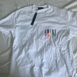 Vit AMIRI t-shirt med regnbågstryck - Snygg vit t-shirt från AMIRI med färgglatt regnbågstryck och logga både fram och bak. Klassisk passform och rund halsringning. Tillverkad i mjuk bomull, perfekt för dig som gillar streetwear med en twist. Helt ny. Priset kan diskuteras.