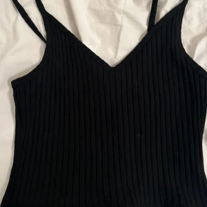 Svart ribbad linnetopp - Säljer en svart ribbad linnetopp med smala axelband och v-ringad hals. Toppen är croppad och har en tight passform, perfekt till jeans eller kjol. Materialet känns mjukt och stretchigt, vilket gör den superbekväm att bära. Säljer då den är för stor på mig. Aldrig använd.