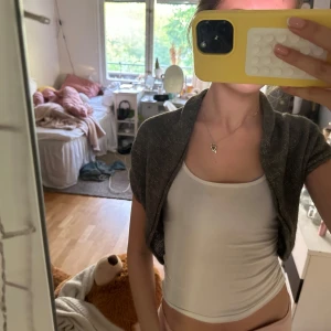 Glittrig grå bolerotopp - Säljer en glittrig grå bolerotopp med korta ärmar. Perfekt att slänga över ett linne. Den har silvriga trådar i, se sista bilden. Pris går att diskutera!!!