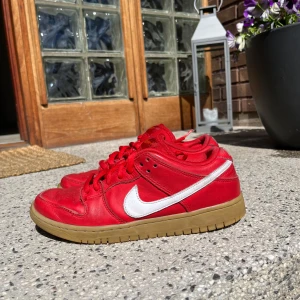 Röda Nike sb dunks  - Säljer ett par röda Nike sb  sneakers med vit swoosh och gummisula. Skorna har klassisk låg modell och snörning. Perfekta för dig som gillar streetwear och vill sticka ut med färg. Snygg kontrast mellan rött och vitt. Skorna är i använt skick men helt klart mycket fina! (obs ingen låda!)