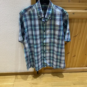 Blårutig kortärmad skjorta - Säljer en klassisk blårutig skjorta med korta ärmar och knappar framtill. Skjortan har en avslappnad passform och är perfekt för varmare dagar. Snygg att bära både öppen och stängd över en t-shirt.