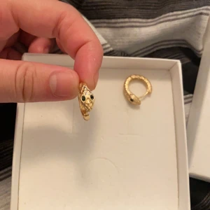 Guldiga ormörhängen med svarta ögon - Säljer ett par coola örhängen i form av ormar, i guldig färg med svarta ögon. De är små hoops med detaljerat mönster som liknar ormskinn och ger en edgy vibe. Helt oanvända.
