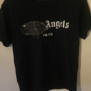 Svart Palm Angels t-shirt Paris - Svart t-shirt från Palm Angels med tryck på bröstet där det står 'Angels' och 'Paris' i vitt. Klassisk passform och korta ärmar, tillverkad i mjuk bomull. Snygg streetwear-vibe med det ikoniska logotrycket framtill.