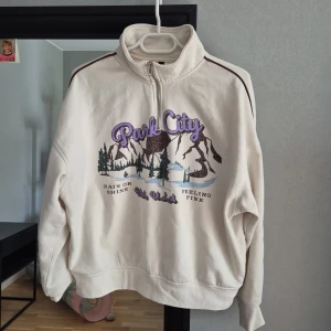 Beige half zip sweatshirt Park City Divided - Beige sweatshirt från Divided med broderad Park City-text och bergsmotiv i lila, grönt och brunt. Tröjan har half zip, hög krage och långa ärmar. Trycket ska se lite "slitet" ut.