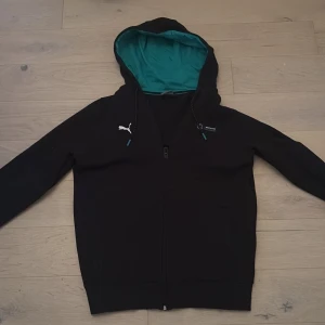 Svart hoodie från Puma x AMG Petronas - Säljer en svart hoodie från Puma i samarbete med AMG Petronas Formula One Team. Den har en dragkedja framtill och en kontrasterande turkos insida av huvan. Perfekt för racingfans! 🏎️
