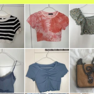 Allt ska bort! Fem somriga toppar + väska - Säljer alla mina fem toppar för paketpriset 100 kronor. Axelväskan/handväskan är bara den värd 300-400 kronor och ingår i köpet. Se mina övriga annonser för beskrivning av varje vara. Jag skulle vilja påstå att storlekarna på topparna upplevs desamma. 