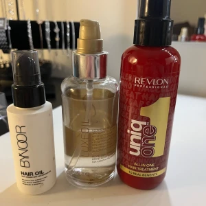 Hårvårdskit - Säljer tre stycken hårprodukter där det är en liten hårolja som är perfekt att ha med på resan, en hårolja i 100ml ca 50ml kvar, sen ett balsamsprej/värmeskydd. BYNOOR Hair Oil. Wella Luxe Oil och Revlon Uniq One All In One Hair Treatment. 