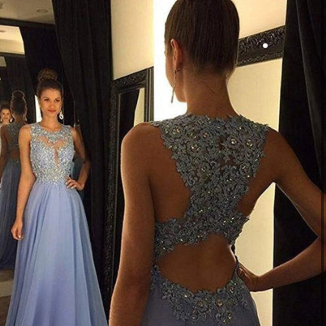 Ljusblå långklänning med spetsdetaljer, balklänning  - 1