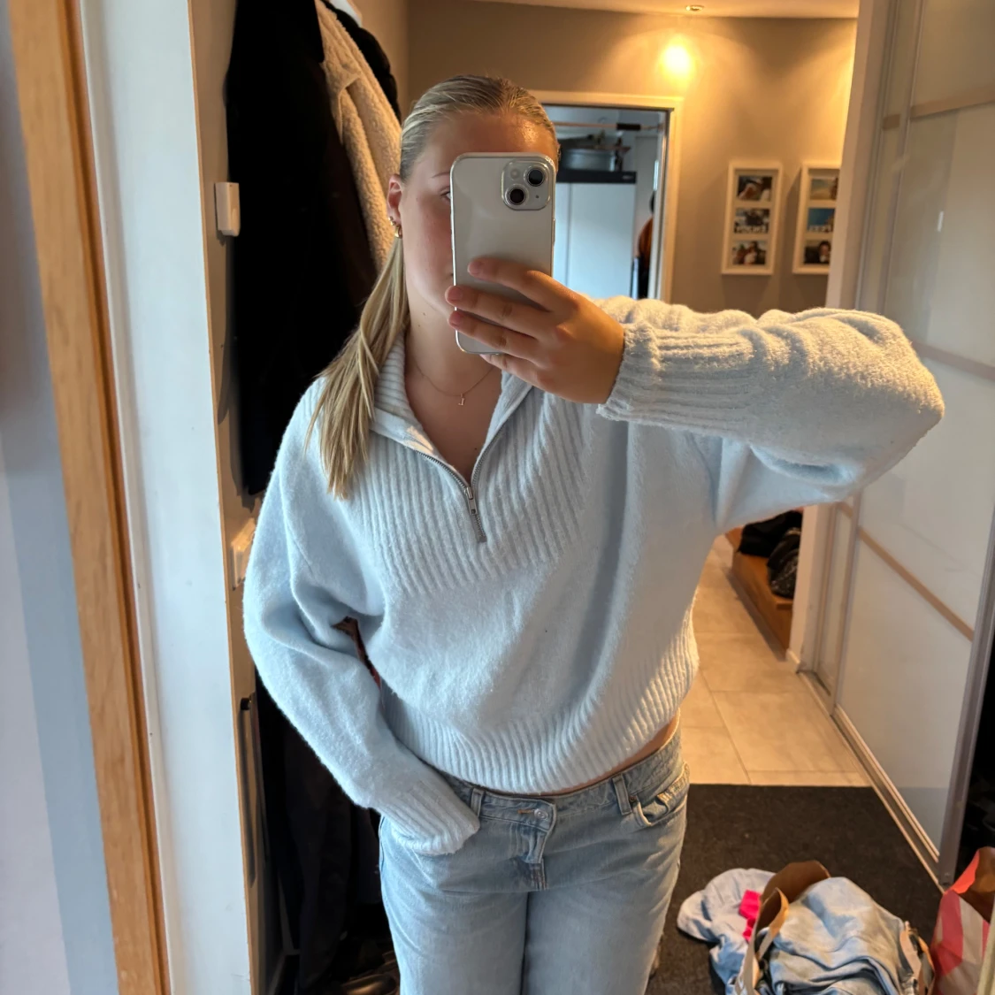 Ljusblå stickad half zip tröja - 1