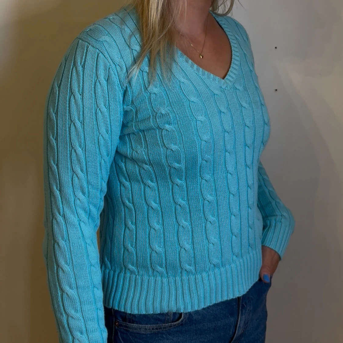 Turkos Ralph Lauren v-ringad kabelstickad damtröja  - 2